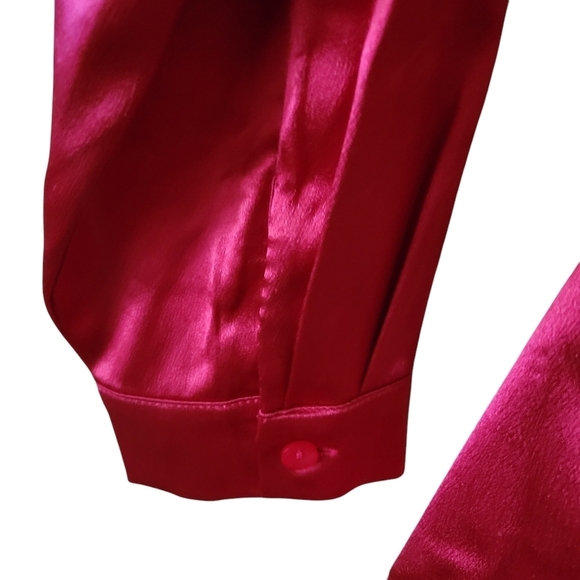 Boutique Fuchsia Pink Satin Button Up Mini Shirt Dress Belted Long Sleeve - Picture 12 of 15